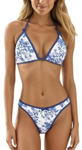 Blommig bandeau Tankini set tvådelad justerbara remmar strandbikini för kvinnor med mönsterdesign perfekt simning solbad, blå, XL