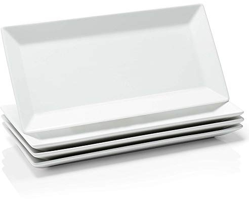 Sweese Porcelain Serving Tray, 12 Inch Rectangle Plates for Sushi, Meat, Desserts, Cakes, White Serving Platter for Restaurant, Banquet, Party, Microwave Oven Dishwasher Safe, Stackable, Set of 4