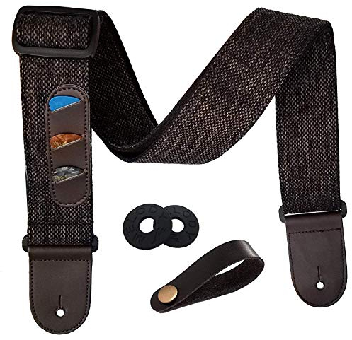 HOUSON Einstellbare Gitarrengurt (Länge 98cm-153cm), Vintage Gitarrengurt Guitar Strap Baumwolle und Echtes Leder Integrierte Pick-Tasche Ideal für elektrische akustische Bass Ukulele und E-Gitarre