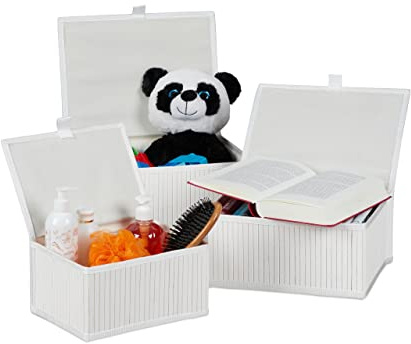 Relaxdays Aufbewahrungskorb 3er Set, mit Deckel & Stoffeinsatz, Bambus, Bad, Spielzeug, Aufbewahrungsbox, 3 Größen, weiß
