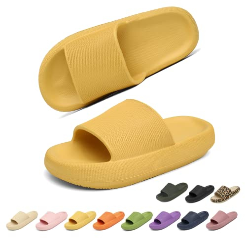 Geweo Hausschuhe Damen Badelatschen Herren Dick Eva Cozislides Original Slippers Super Weich Wolken Hausschuhe Badeschlappen rutschfeste Badeschuhe Bequem Pantoletten Slides Unisex Gelb 44/45EU