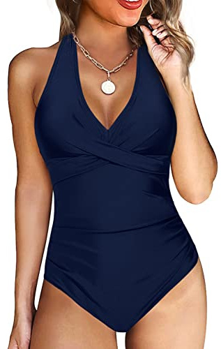 Maillots de Bain Une Pièce pour Femme Col en V Coussinets Internes Amovibles pour Le Contrôle du Ventre Push Up Maillots de Bain Dos Nu (Bleu tibétain, S)