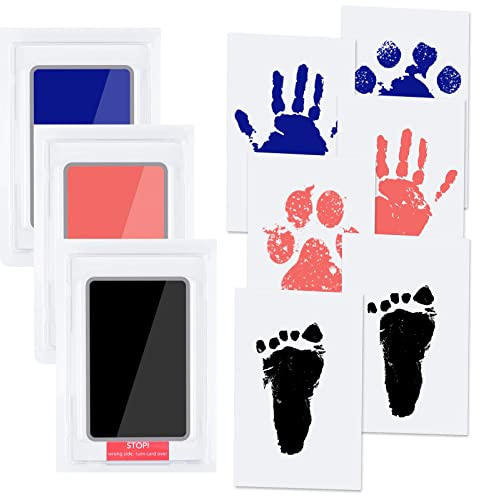 Vicloon Baby Handprint and Footprint Kit, Baby Hand and Footprint Kit with 3 Inkless Ink Pads and 6 Imprint Cards, Paw Print Set for Pet, Family Keepsake Gifts for New Parents (Blue-Black-Pink)