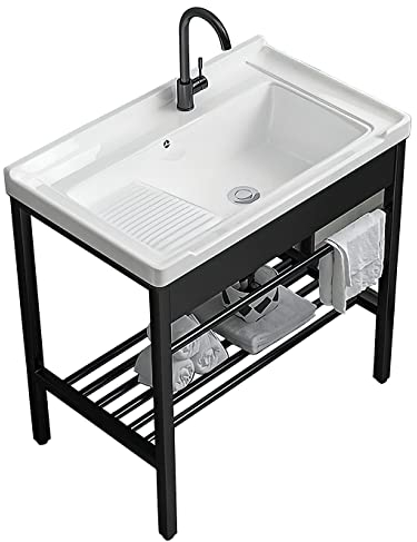Freestanding Laundry Utility Sink, 28.3 x 19 x 32.3 Ceramic Utility Sink with Washboard Set with Bracket and Drain Kit for Laundry Room, Utility Room, Garage, Basement, Outdoor and Indoor
