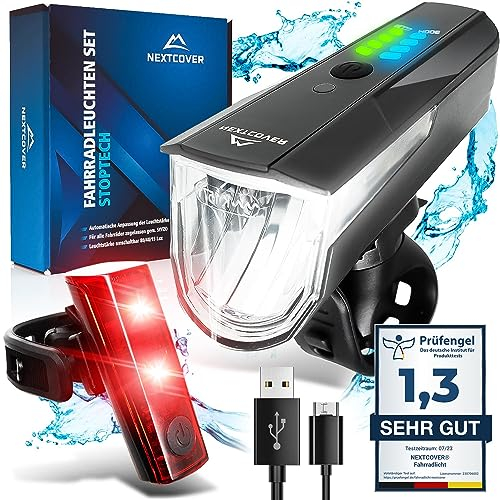NEXTCOVER® Fahrradlicht Set - Das Original - mit [LightSense] Sensor & 11h Akkulaufzeit I USB aufladbar & wasserdicht I LED Fahrrad Licht vorne I Fahrradlampe & Fahrrad Rücklicht, Fahrradbeleuchtung