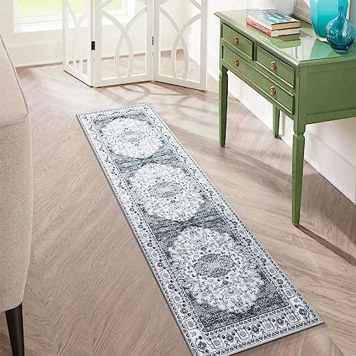 Carvapet Alfombras de Pasillo 60x210cm Alfombra Corredor Antideslizante Largo Alfombras de área Fina Lavable Medallón Flor Alfombra para el Salón Dormitorio(Gris)