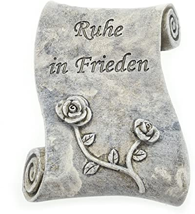 WB wohn trends Grab-Schmuck Schriftrolle Rose, Ruhe in Frieden, 11x9x2,5cm grau Kunst-Stein Trauer-Deko Gedenk-Stein