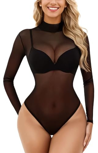Letcdfer Damen Body - Sexy Sheer Mesh Langarm, Durchsichtiger Netzstoff-Bodysuit, Tops Unterziehbody Langarmbody für Frauen