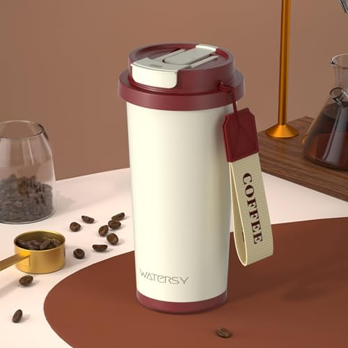 WATERSY Thermobecher Edelsthal Doppelwand Isoliert 530ml Flip Straw Kaffeebecher to go mit Strohhalm und Deckel Auslaufsicher, Travel Mug Rot