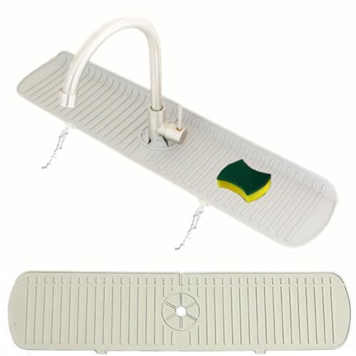 WDTGJRIP Big Size Kitchen Sink Splash Guard, 24in Faucet Mat Splash Catcher, Handle Drip Catcher Tray, Multipurpose for Kitchen Dish Drying Mats Sponge Holder (Cream/White, Large)