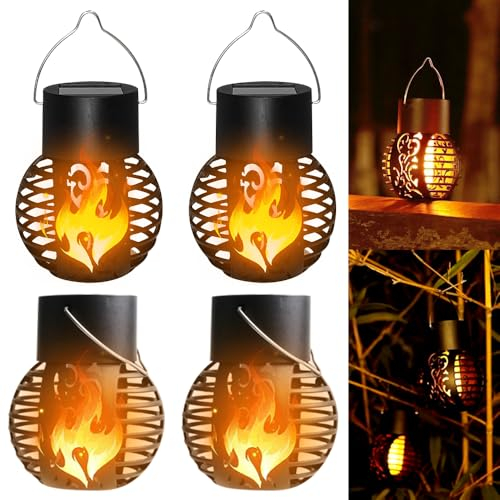 PLLYPE Lumières Flamme Solaire Exterieure, 4 Pièces Lampe Solaire Flamme, Torche Jardin Exterieur Étanche, Lampe Solaire Exterieur Jardin Suspendues Pour Décor Jardin Patio Chemins