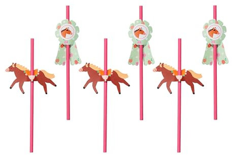 PartyDeco Paper Straws 19.5 cm, Set of 6 with Horse Toppers, Disposable Drinking Straws with Animal Decoration, Ideal for Parties & Events