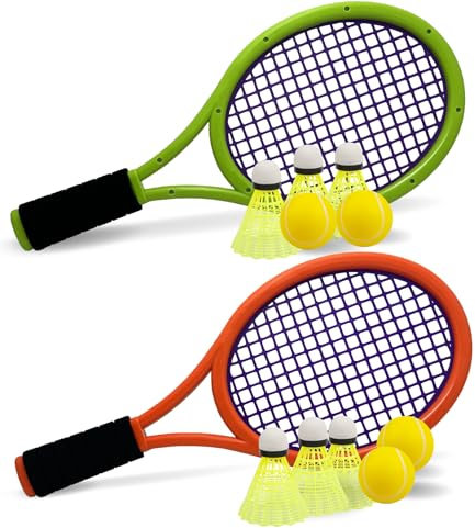 Kinder Tennisschläger mit Tragetasche,4 weiche Trainingsbälle und 6 Badminton Birdies,Tennisschläger Geschenkset für Kinder Outdoor Indoor Sport (Dunkelorange und Dunkelgrün)