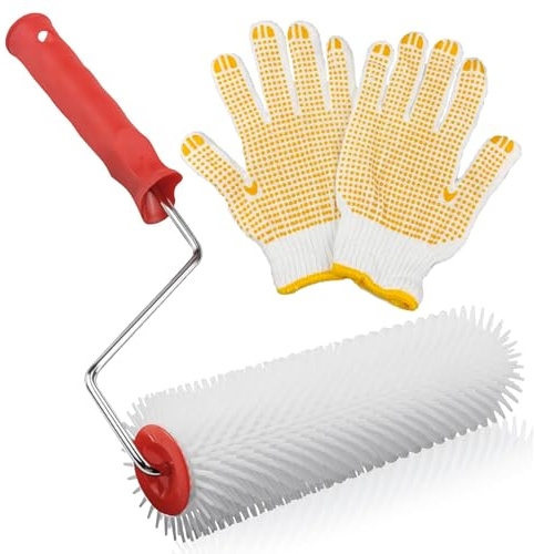 Stachelwalze, Stachelwalze für Ausgleichsmasse, Entlüftungsroller Stachelwalze, Handstachelwalze Entlüftungsroller, Entlüftungswalze, mit Handschuhen, für Bodenbeschichtungen, Verlaufsbeschichtung