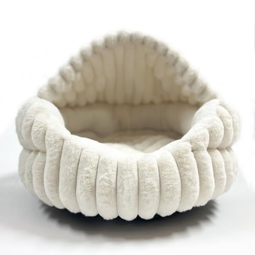 Hooded Cat Beds for Indoor Cats，Cozy Dog Cave Bed,Cozy Nook Dog Bed for Small Dogs,Anti-Slip Puppy Bed Fits up to 22 lbs for Dogs or Cats(White Stripe, Medium)