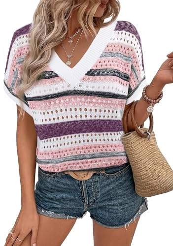 Magritta Womens Shirts Short Sleeve Summer Casual Tunic Tops Hollow Out Loose Fit Blouse V Neck Fashion Clothes Trendy