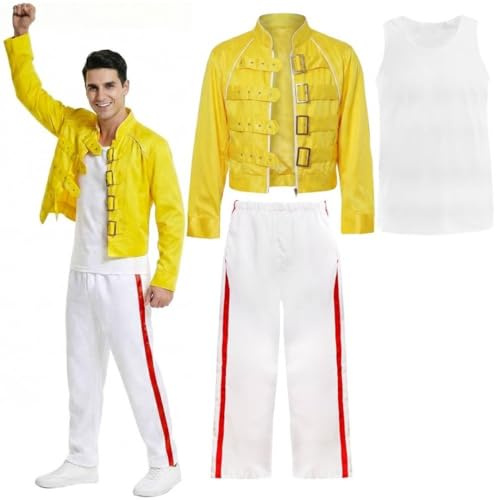 Disfraz icónico de la leyenda del rock de los años 80 para hombre, chaqueta con hebilla amarilla, chaleco blanco y pantalones a rayas, traje de 3 piezas para fiesta temática de los años 80, Halloween