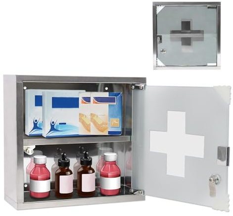 ACXIN 30 x 12 x 30 cm medicinskåp av rostfritt stål, medicinskåp med 2 fack, hängande apoteksskåp, låsbart läkeskåp, husapotek, förvaring av läkemedel, silver