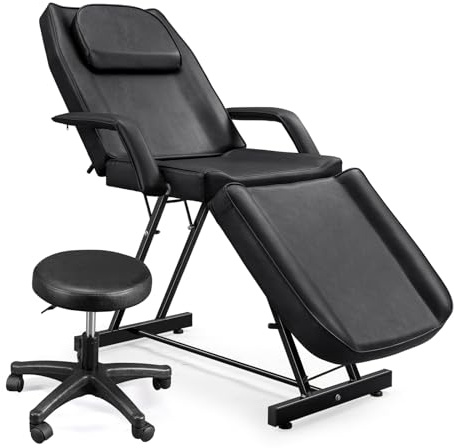 Bonnlo Professional Massage Table Tattoo Chair, Multi-Purpose 3-Section w/Adjustble Stool, Esthetician Bed Beauty Equipment for Spa Facial Waxing & Physical Therapy(Black)