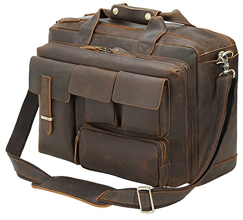TIDING Full Grain Leather 17.3 Inch Laptop Work Briefcase for Men