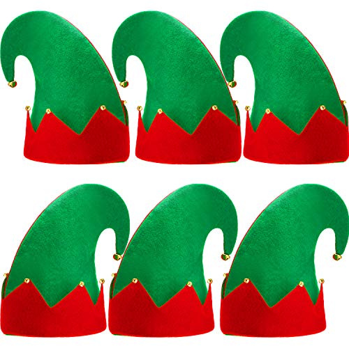 SATINIOR 6 Pcs Christmas Elf Felt Hat Xmas Red and Green Santa Elf Hats with Bells for Kids Adults Xmas Holiday Favors Gifts Party Accessories