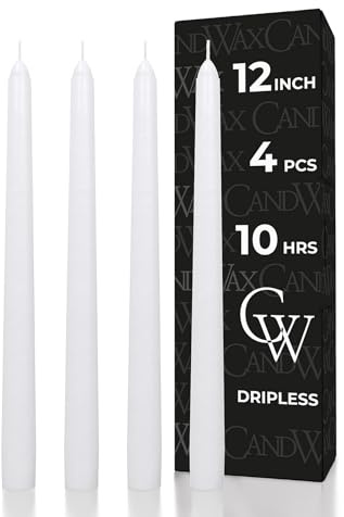 CANDWAX 12 inch White Taper Candles - Set of 4 Tapered White Candle Sticks Ideal for Christmas Decor - Unscented Dripless Smokeless Long Burning Tall Candles - Christmas Candlesticks for Home Decor