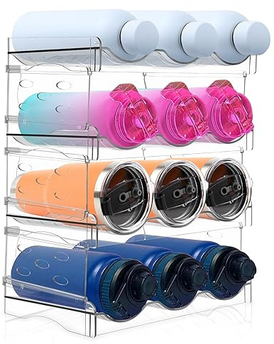 TOPEV Water Bottle Storage, 4 Pack Stackable Water Bottle Organiser for Cupboard, Stackable Water Bottle Storage for Fridge Organisers, Wine Drink Rack for Kitchen Cupboard Fridge Organiser