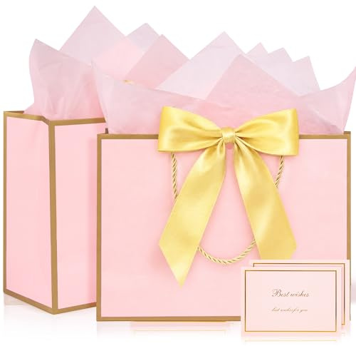 Medium Pink Gift Bag, 2pcs Present Bags with 4 Wrappers and 2 Cards, Paper Bags with Handles, Birthday Gift Bags Party Bags for Girls Valentines Bridesmaid Wedding (Pink-Gold) 20 x 10 x 28 cm