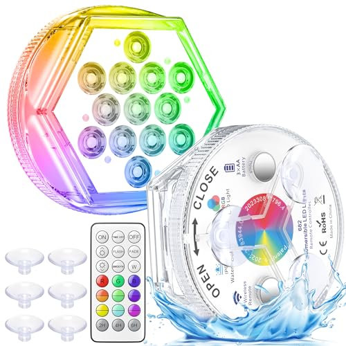 daphomeu 2024 Aktualisierung Unterwasser Licht mit Fernbedienung, 13 LED Poolbeleuchtung Magnetische, Wasserdichte RGB Farbwechsel Deko Licht Für Vase, Teich, Whirlpool, Halloween(2 Stück)