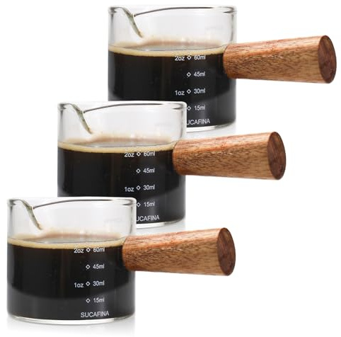 3-pack 75 ml espressokopp med trähandtag, en pip espressomätningskopp, glasklart espressoglas för barista-tillverkning kaffe (3-pack)