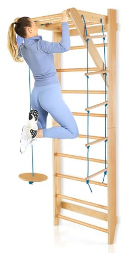 HOMASIS Spallière suédoise avec échelle de corde et trapèze rond en bois, escalier intérieur pour entraînement, mur d'escalade pour enfants et adultes, charge maximale de 100 kg