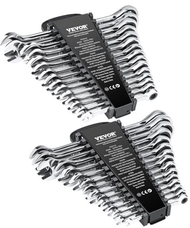 VEVOR Combination Wrench Set, 30-Piece Ratcheting Wrench Set with Organizer Rack, Cr-V Steel Wrench Set SAE 1/4 to 1, Metric 8 mm to 24 mm, Ideal for General Household, Garage, Workshop, Emergency