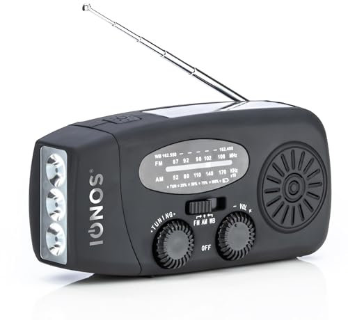 Status IONOS Multifunctional Portable Wind Up Radio, FM/AM/WB, Solar and Hand Crank Powered, 3 LED Torch and USB Charging, 4.5Hr Playtime, Emergency and Outdoor Essential, Black, ALMERE1PKB6