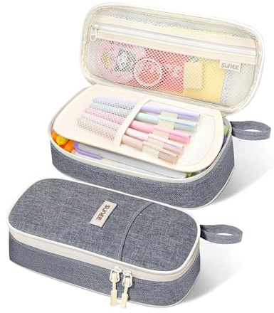 SUNEE Large Capacity Pencil Case with Compartments and Handle, Aesthetic Pen Pouch Organizer, Big Storage Portable Pencil Bag for Girls, Boys, Adults, School and Office Stationery Supplies, Grey