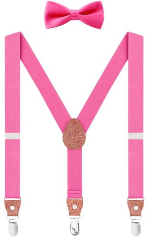 WANYING Unisex småbarn barn hängslen flugset – Y form 3 klämmor bredd 2,5 cm elastiska hängslen & fluga för 3–8 år gammal – rosa, Enfärgad rosa - med fluga, 2-8 År