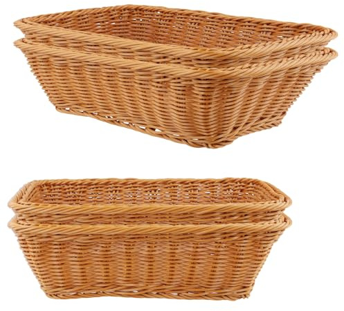 CHUENHEI 4 Cestas de Pan Rectangulares Trenzadas 30x20x10 cm y 40x30x10 cm, Polipropileno Imitación Mimbre Marrón, Multiusos para Hogar, Cocina, Restaurante, Frutas, Verduras, Alimentos