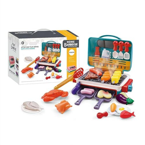 Kids Play Kitchen Toys, Kids BBQ Grill Playset with Smoke Sound Light, Simulation Cooking Toy, Pretend Gourmet Cooking Box, Outdoor Play Food Toys Cooking Set for Toddlers 3-5,Birthday for Boys Girls