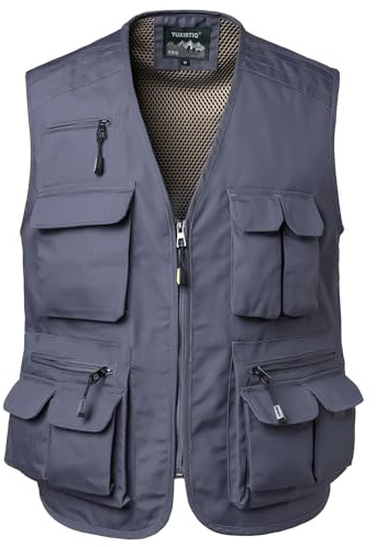 Yukirtiq Gilet da Pesca Uomo Multitasche Senza Maniche Smanicato Gilet Estivo Giubbino Caccia Fotografi, Grigio, XXL