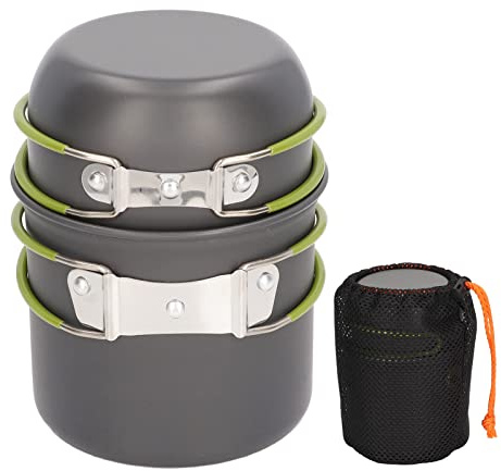 Olla de camping con mango plegable, juego de utensilios de cocina de campamento, olla de metal de grado alimenticio antiquemaduras y cuenco para camping, viajes, picnic, incluye bolsa de red de