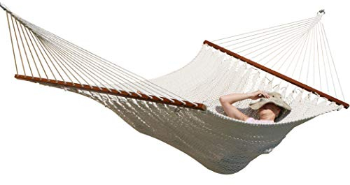 Doppel-Stabhängematte aus Baumwolle mit Netz-Liegefläche Natur weiß für Zwei Personen