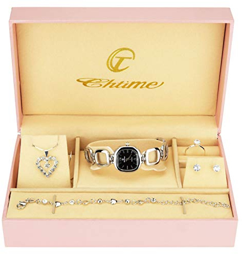 Caja de Regalo Reloj Mujer Negro - Juegos de Joyas- Collar-Anillo- Pendientes - Pulsera