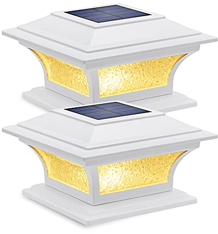 Siedinlar Solar Post Cap Lights Outdoor Glass 2 Modes Solar Powered Fence Deck Light for 4x4 5x5 6x6 Posts Garden Patio Decoration Warm White & Cool White, White (2 Pack)