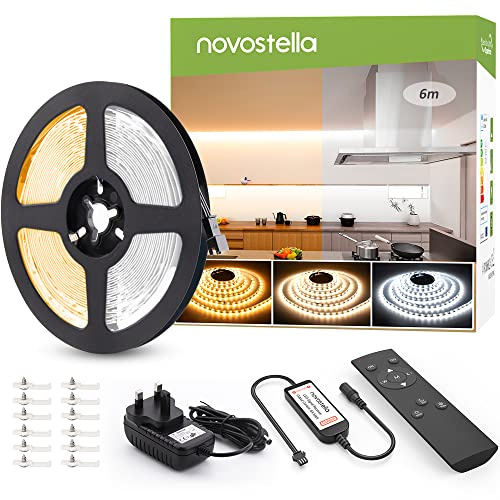 6M White LED Strip Lights Warm White Daylight Cool Soft 3000K-6500K Remote | NOVOSTELLA Dimmable Tunable LED Tape Light with RF Remote, Flexible LED Ropes Kit for Bedroom Kitchen Wardrobe, 20ft 672 LEDs
