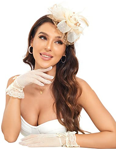 Fascinators Hats Clip Hat Wedding Cocktail Fascinators Tea Party Headwear and Short Lace Bowknot Gloves for Women (102 Beige Brown)