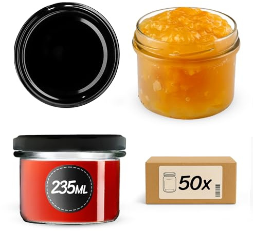 KADAX Set med 50 syltburkar 235 ml TO82 svart, konserveringsburkar förvaringsburkar masonburk med skruvlock, lufttäta skruvglas, honung och syltburkar