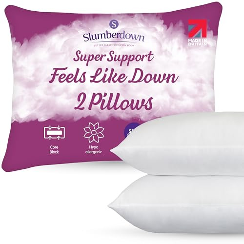 Slumberdown Feels Like Down Pillows 2 Pack - Super Support Down Alternative Pillow for Side Sleepers, Core Foam Block | UK Made, Non-Allergenic, Washable (48 x 74cm)