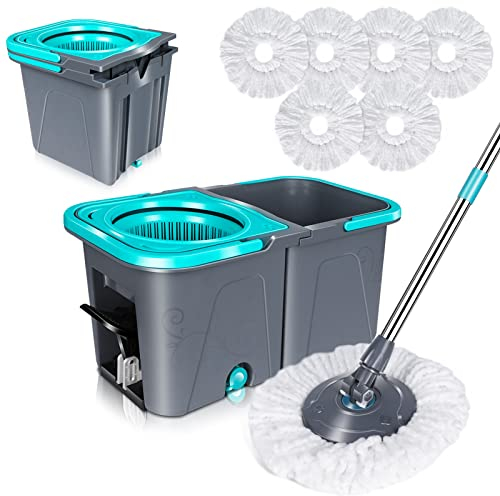 MASTERTOP Seau Essoreur à Pédale et Balai à Franges, Serpillère Rotative 360° avec Manche Téléscopique, Seau Empilable de 2 Compartiments à l'eau Sale Séparée, avec 6 Tampons Microfibre