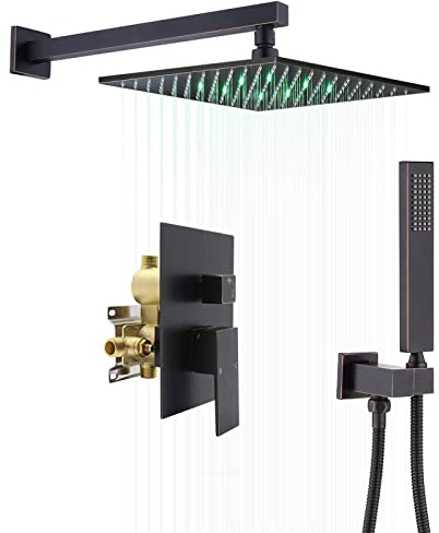 DERBUT Shower Systems Duschmischer-Set mit beleuchtetem Duschkopf, Regendusche-Armaturen-Set Schwarz Retro, A