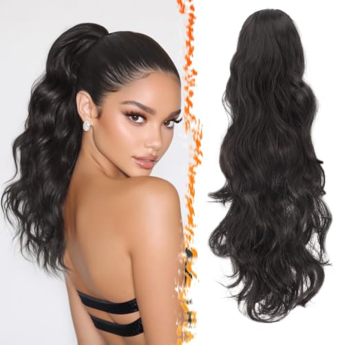 BARSDAR Ponytail Hair Extensions, Long Wavy Claw Clip in Ponytail Extension Natural Synthetic Ponytails Hairpiece for Women Daily Use Party Halloween(20'', Dark Brown)