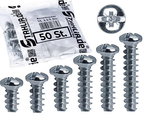 Stahlia Euroskruvar 6,3 x 16 mm linshuvudskruvar (50 stycken) galvaniserat stål träskruvar skruvar set lådskenor gångjärn möbelkontakter möbelskruvar